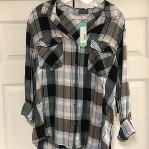Plaid button up shirt with lace up back detail